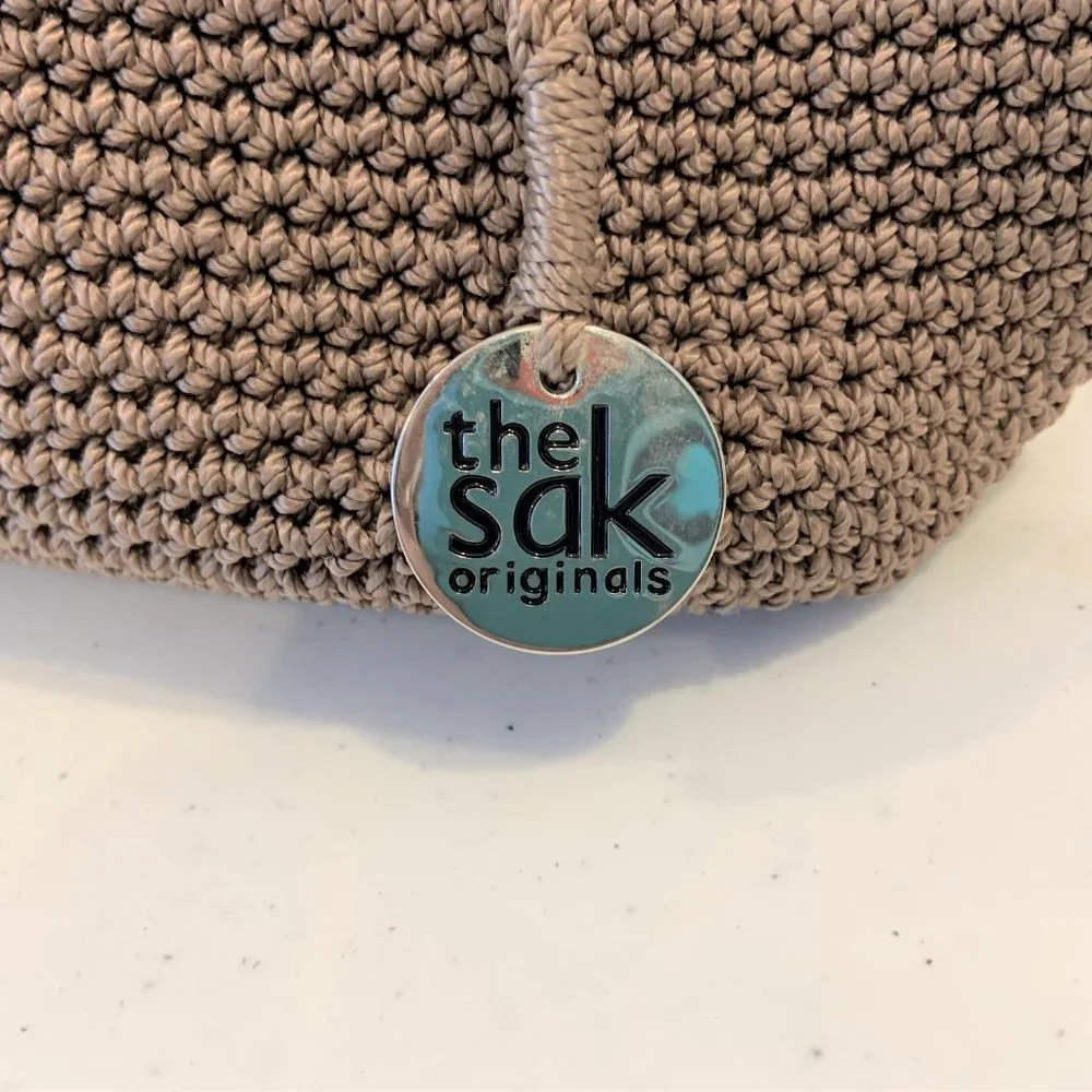 Saks Taupe Brown Crochet Shoulder Bag Tote - Picture 5 of 14